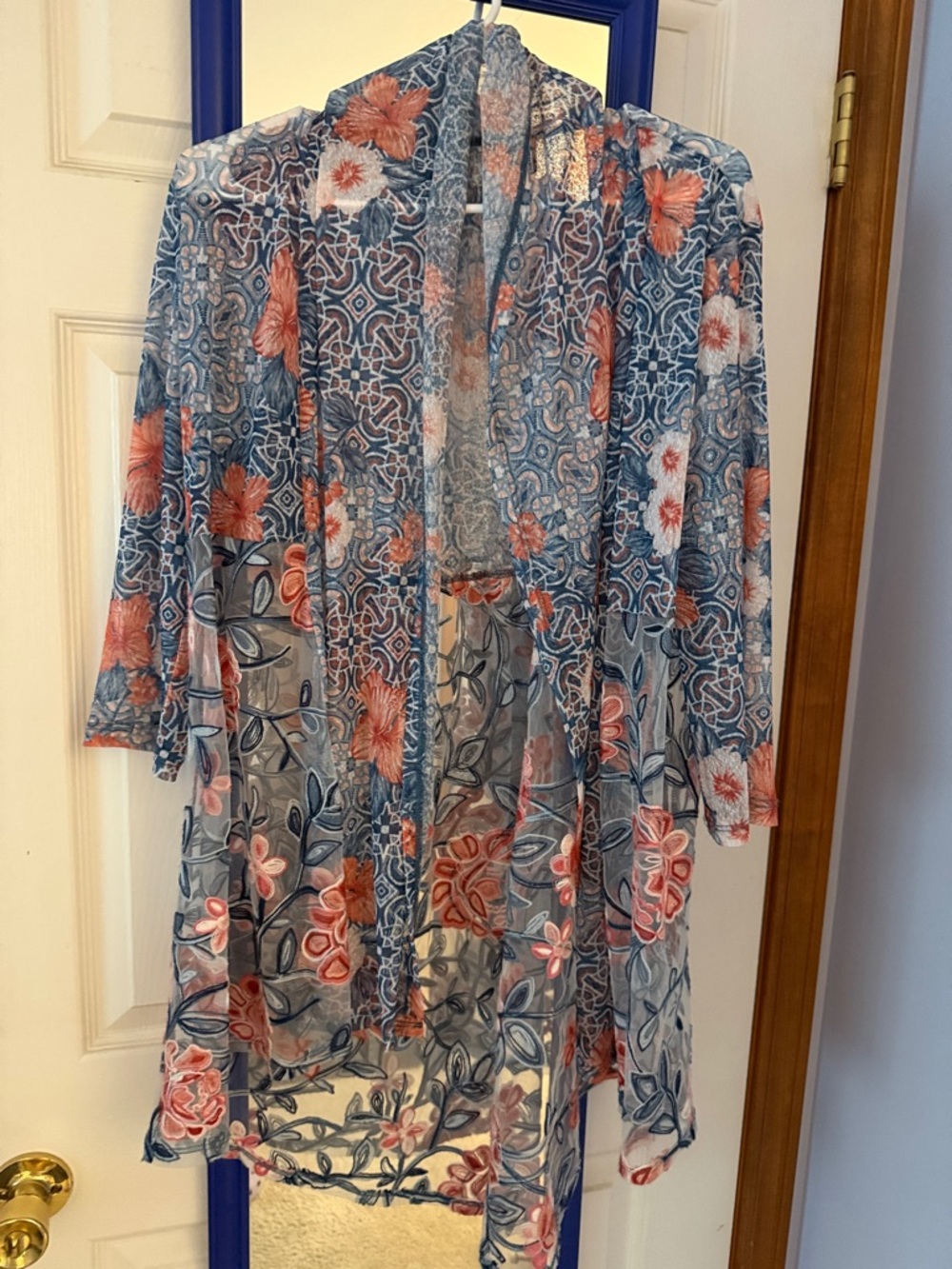 Sheer Floral Open komono arm  openings in Blue and Coral